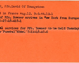 World War II, Vindicator, David Bowser, Youngstown, killed, France, 1944, 1948