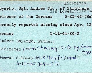 World War II, Vindicator, Andrew Boyarko Jr, Struthers, prisoner, Germany, 1944, Mahoning, missing, Andrew Boyarko, liberated, Stalag, 1945, Trumbull