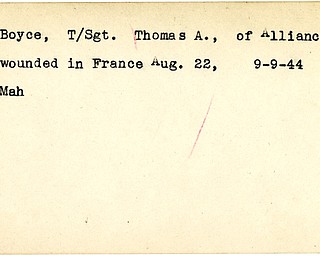 World War II, Vindicator, Thomas A. Boyce, Alliance, wounded, France, 1944, Mahoning