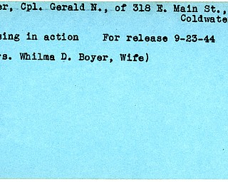 World War II, Vindicator, Gerald N. Boyer, Coldwater, missing, 1944, Whilma D. Boyer