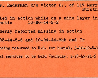 World War II, Vindicator, Victor B. Boyer, Radarman, Struthers, killed, Atlantic, 1944, missing, Mahoning, Trumbull, 1949