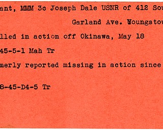 World War II, Vindicator, Joseph Dale Brabant, USNR, Youngstown, killed, Okinawa, 1945, Mahoning, Trumbull, missing