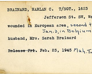 World War II, Vindicator, Harlan C. Brainard, Warren, wounded, Europe, Belgium, Sarah Brainard, 1945, Mahoning, Trumbull