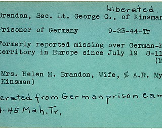 World War II, Vindicator, George G. Brandon, Kinsman, prisoner, Germany, 1944, missing, Europe, Mahoning, Helen M. Brandon, liberated, 1945, Trumbull