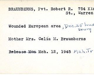 World War II, Vindicator, Robert R. Braunberns, Warren, wounded, Europe, Luxembourg, Celia M. Braunberns, 1945, Mahoning, Trumbull