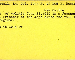 World War II, Vindicator, John B. Brettell, New Castle, died, Colitis, ill, Japanese, prisoner, Corregidor, 1945, Trumbull