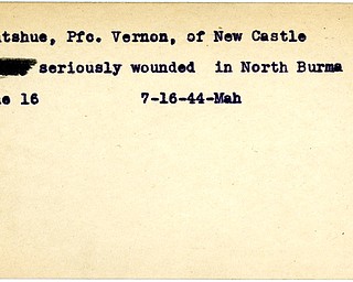 World War II, Vindicator, Vernon Brightshue, New Castle, wounded, Burma, 1944, Mahoning
