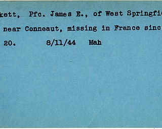 World War II, Vindicator, James E. Brockett, West Springfield, Conneaut, France, missing, 1944, Mahoning