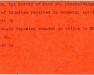 World War II, Vindicator, Harold Brooks, Mineral Ridge, killed, wounded, Germany, 1945, Trumbull, France