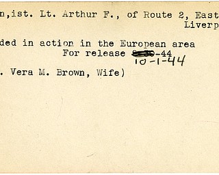 World War II, Vindicator, Arthur F. Brown, East Liverpool, wounded, Europe, 1944, Vera M. Brown