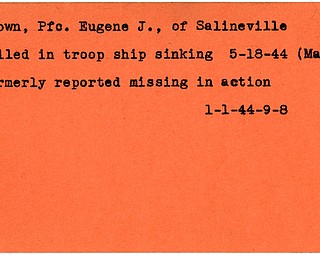 World War II, Vindicator, Eugene J. Brown, Salineville, killed, sinking, 1944, missing, Mahoning