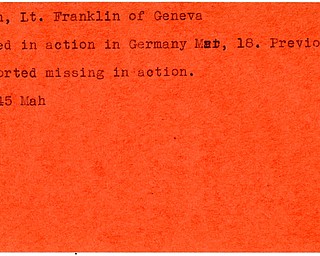 World War II, Vindicator, Franklin Brown, Geneva, killed, Germany, 1945, Mahoning, missing
