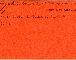 World War II, Vindicator, George I. Brown, New Castle, Plaingrove, killed, Germany, 1945, Mahoning