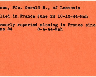 World War II, Vindicator, Gerald R. Brown, Leetonia, killed, France, 1944, Mahoning, missing