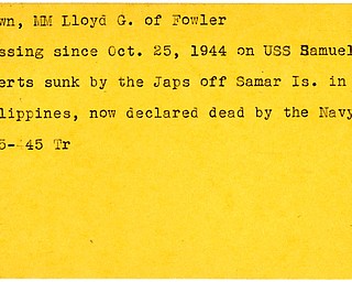 World War II, Vindicator, Lloyd G. Brown, Fowler, missing, 1944, USS Samuel B. Roberts, Philippines, killed, died, 1945, Trumbull