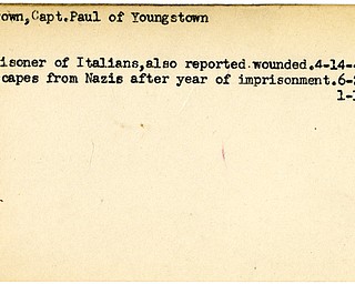 World War II, Vindicator, Paul Brown, Youngstown, prisoner, Italy, wounded, 1943, escaped, 1944