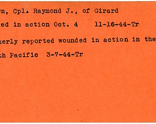 World War II, Vindicator, Raymond J. Brown, Girard, killed, 1944, Trumbull, wounded, Pacific