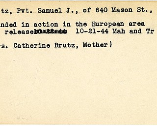 World War II, Vindicator, Samuel J. Brutz, Niles, wounded, Europe, 1944, Mahoning, Trumbull, Catherine Brutz