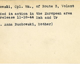 World War II, Vindicator, William Buchowski, Volant, wounded, Europe, 1944, Mahoning, Trumbull, Anna Buchowski