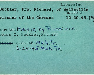 World War II, Vindicator, Richard Buckley, Wellsville, liberated, prisoner, Germany, 1943, Trumbull, Mahoning, Thomas C. Buckley, 1945