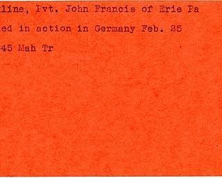 World War II, Vindicator, John Francis Buckline, Erie, killed, Germany, 1945, Mahoning, Trumbull