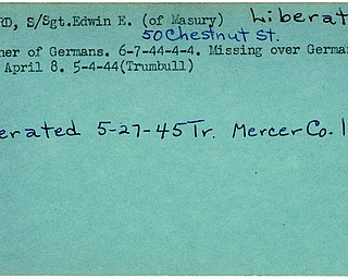 World War II, Vindicator, Edwin E. Bulford, Masury, liberated, prisoner, Germany, 1944, missing, Trumbull, 1945, Mercer County List