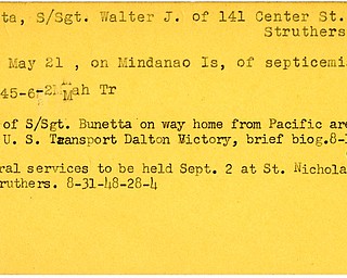 World War II, Vindicator, Walter J. Bunetta, Struthers, Mindanao, ill, septicemia, 1945, Mahoning, Trumbull, died, 1948