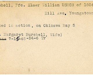 World War II, Vindicator, Elmer William Burchell, USMCR, Youngstown, wounded, Okinawa, Margaret Burchell, 1945, Trumbull
