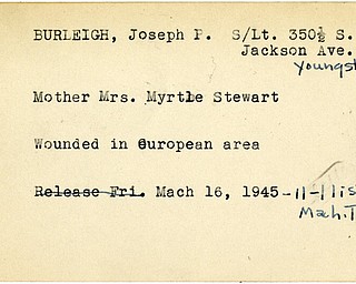 World War II, Vindicator, Joseph P. Burleigh, Youngstown, Myrtle Stewart, wounded, Europe, 1945, Mahoning, Trumbull