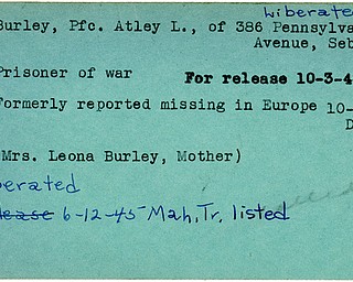 World War II, Vindicator, Atley L. Burley, Sebring, liberated, prisoner, Europe, missing, 1944, Leona Burley, 1945, Mahoning, Trumbull