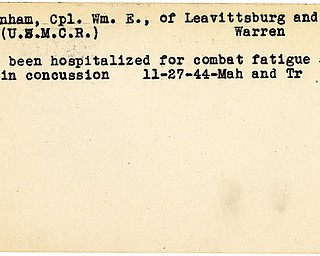 World War II, Vindicator, William E. Burnham, Leavittsburg, Warren, hospitalized, combat fatigue, brain concussion, ill, 1944, Mahoning, Trumbull