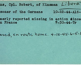 World War II, Vindicator, Robert Burns, Kinsman, liberated, prisoner, Germany, 1944, missing, 1945, Mahoning, Trumbull, France