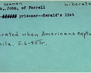 World War II, Vindicator, John Burtz, Farrell, liberated, seaman, navy, prisoner, Heralds list, Manila, 1945, Trumbull