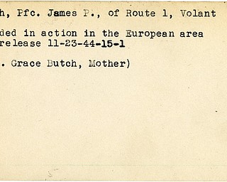 World War II, Vindicator, James P. Butch, Volant, wounded, Europe, 1944, Grace Butch