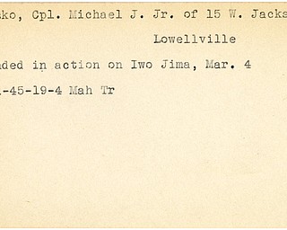 World War II, Vindicator, Michael J. Butsko Jr, Lowellville, wounded, Iwo Jima, 1945, Mahoning, Trumbull
