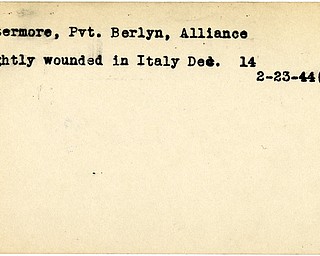 World War II, Vindicator, Berlyn Buttermore, Alliance, wounded, Italy, 1944, Mahoning