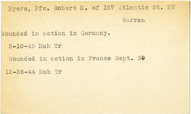 World War II, Vindicator, Robert M. Byers, Warren, wounded, Germany, 1944, 1945, Mahoning, Trumbull, France