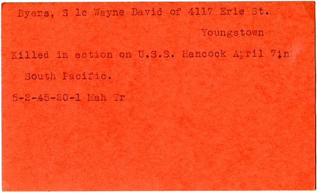 World War II, Vindicator, Wayne David Byers, Youngstown, killed, U.S.S Hancock, Pacific, 1945, Mahoning, Trumbull