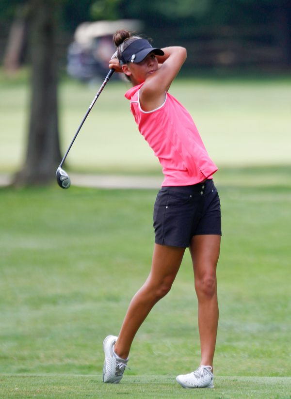 Sierra Richard drives the ball in the U-17 Greatest Golfer Juniors finals at Squaw Creek Golf Course in Vienna on Friday. EMILY MATTHEWS | THE VINDICATOR