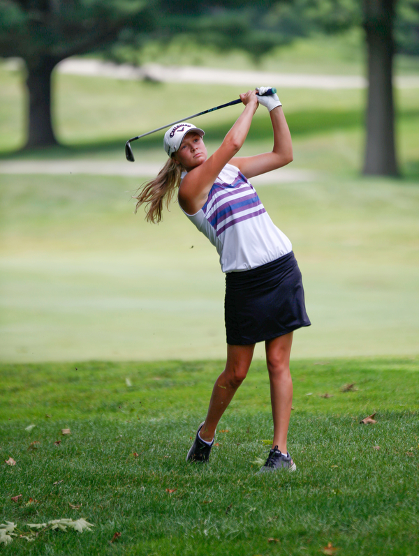 Jackie Adler drives the ball in the U-17 Greatest Golfer Juniors finals at Squaw Creek Golf Course in Vienna on Friday. EMILY MATTHEWS | THE VINDICATOR