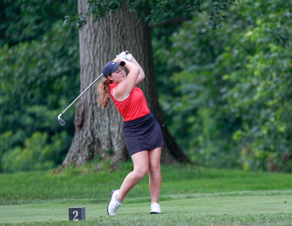 Hannah Ogden drives the ball in the U-17 Greatest Golfer Juniors finals at Squaw Creek Golf Course in Vienna on Friday. EMILY MATTHEWS | THE VINDICATOR