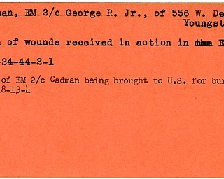 World War II, Vindicator, George R. Cadman Jr, Youngstown, wounded, killed, Europe, 1944, 1948