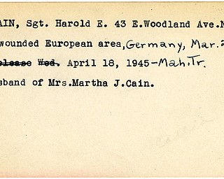 World War II, Vindicator, Harold E. Cain, Niles, wounded, Europe, Germany, 1945, Mahoning, Trumbull, Martha J. Cain