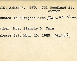 World War II, Vindicator, James W. Cain, Warren, wounded, Europe, France, Blanche O. Cain, 1945, Mahoning, Trumbull