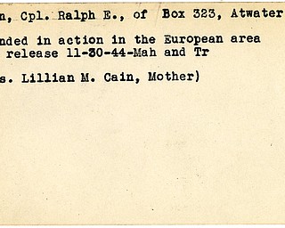World War II, Vindicator, Ralph E. Cain, Atwater, wounded, Europe, 1944, Mahoning, Trumbull, Lillian M. Cain