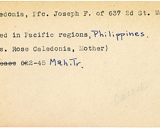 World War II, Vindicator, Joseph F. Caledonia, Warren, wounded, Pacific, Philippines, Rose Caledonia, 1945, Mahoning, Trumbull