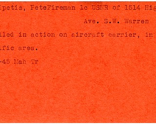 World War II, Vindicator, Pete Calipetis, USNR, Warren, killed, Pacific, 1945, Mahoning, Trumbull