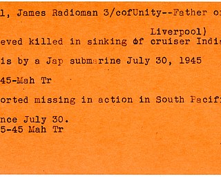 World War II, Vindicator, James Call, radioman, East Liverpool, killed, Indianapolis, Japanese, 1945, Mahoning, Trumbull, missing, Pacific