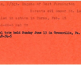 World War II, Vindicator, Eugene Calvin, West Farmington, Leetonia, killed, Burma, 1945, Mahoning, Trumbull, 1948