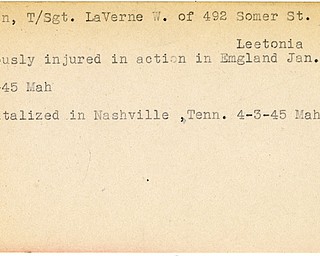 World War II, Vindicator, LaVerne W. Calvin, Leetonia, wounded, England, Europe, Mahoning, 1945, hospitalized, Tennesse